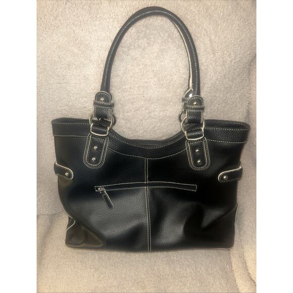 Stunning WILSONS Black/Silver Pebble Leather Handbag Satchel w/Contrast Stitch - Picture 5 of 9